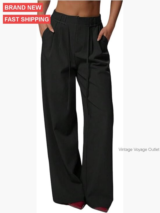 Pants - High Rise Wide Leg Trousers, Polyester Blend, Business Casual Office Pants